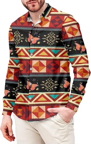 Vista 16 de Camisa azteca con botones para hombre, patrón nativo americano, camisas de manga larga con cuello en V y nación tribal
