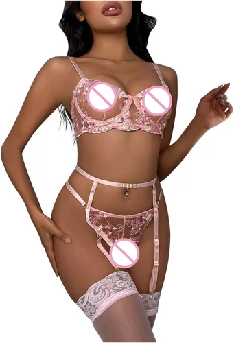 Vista 5 de Lencería sexy para mujer, ropa interior erótica, juego de tres piezas, bordado floral, sello de cintura de acero para el sexo y juego travieso