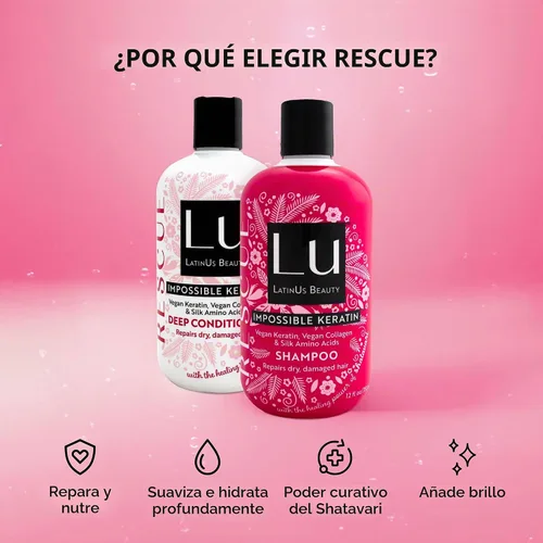 Vista 3 de LatinUs Beauty, RESCUE Impossible Keratin, Dúo para el Cuidado del Cabello: Shampoo + Acondicionador con Shatavari