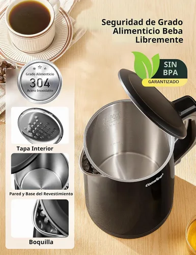 Vista 3 de Hervidor eléctrico y tetera de COMFEE', 1.5L de doble pared, interior de acero inoxidable, tapa y pico, hervido rápido, apagado automático y Negro