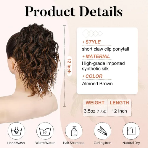 Vista 3 de Flufymooz Extensión de cola de caballo, extensión de cola de caballo corta de 12 pulgadas con pinza de garra, cabello ondulado rizado, clip