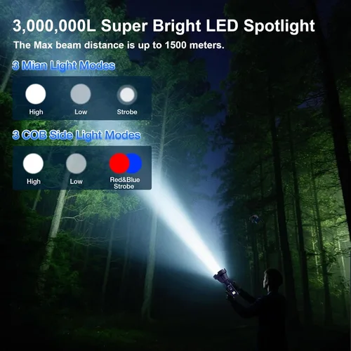 Vista 2 de Foco Solar Recargable de 3,000,000 Lúmenes de Alto Brillo, Focos LED Súper Brillantes para Exteriores, Linterna de Mano de Largo Alcance con 6