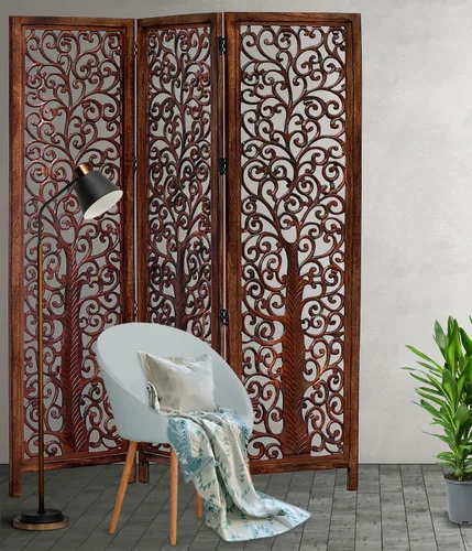 Vista 4 de Biombo Divisor de Habitación de Madera - Árbol Arbor Marrón Antiguo - Hecho a Mano 60 x 72 pulgadas Tres Paneles Plegables - Pantalla Decorativa
