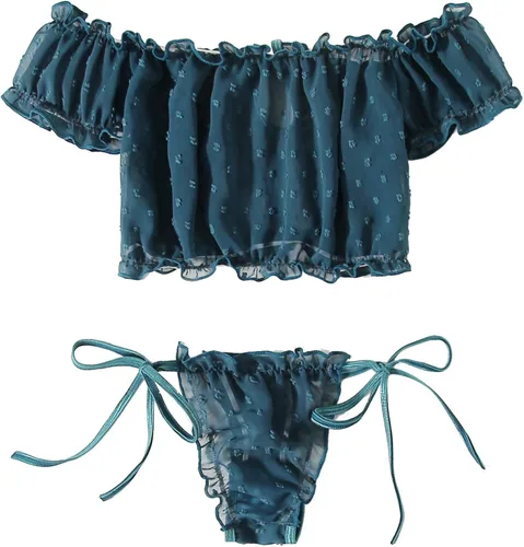 Vista 2 de SheIn Conjunto de lencería de malla Dobby con ribete de volantes para mujer