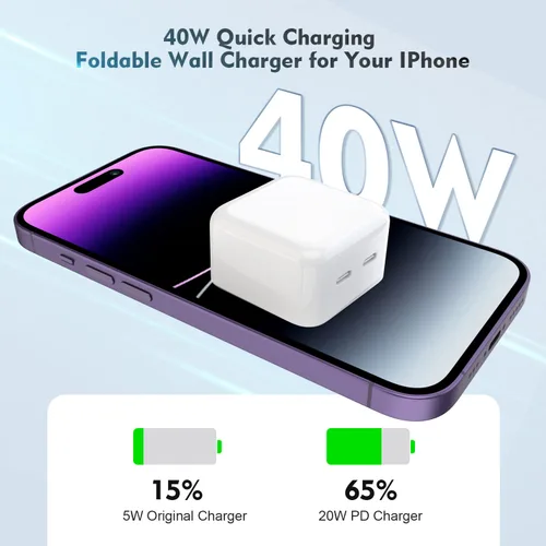 Vista 3 de Cargador rápido para iPhone, cargador para iPhone 14 [certificado MFi] de 40 W, bloque de cargador de pared plegable de doble puerto USB-C rápido