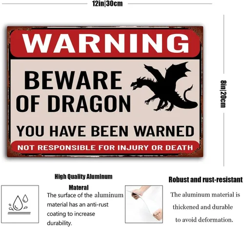 Vista 2 de xitangyouyu Letrero de advertencia retro con diseño de animales, diseño de animales con texto en inglés "Beware of Dragon", diseño vintage de metal
