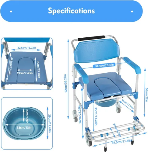 Vista 4 de Silla de ruedas plegable 3 en 1 (350 libras), silla de ruedas con ducha, inodoro, sillas de ruedas comode ducha para ancianos y discapacitados