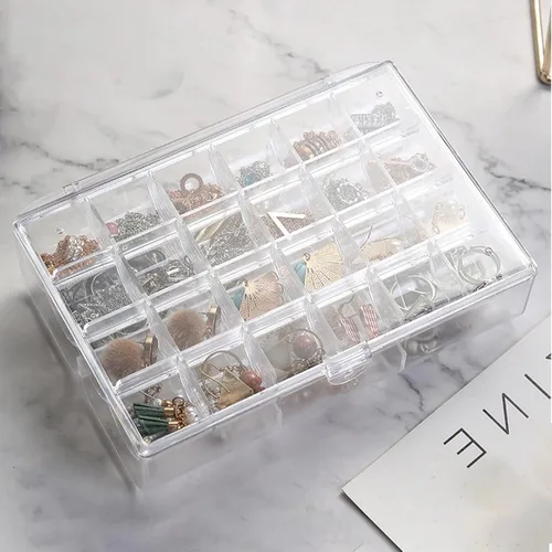 Vista 7 de Lejesth Caja organizadora de joyas de acrílico transparente con 2 cajones y 30 rejillas, pequeña caja de joyería a prueba de polvo para mujeres