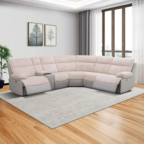 Vista 8 de Sofá seccional reclinable eléctrico, sofá de felpa beige y gris, sofá seccional con consola de almacenamiento, sofá reclinable para sala de estar