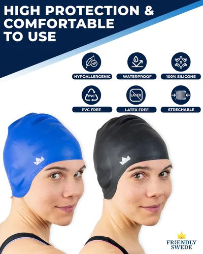 Vista 3 de The Friendly Swede Gorros de natación para mujeres y hombres, espacio extra Azul + Negro