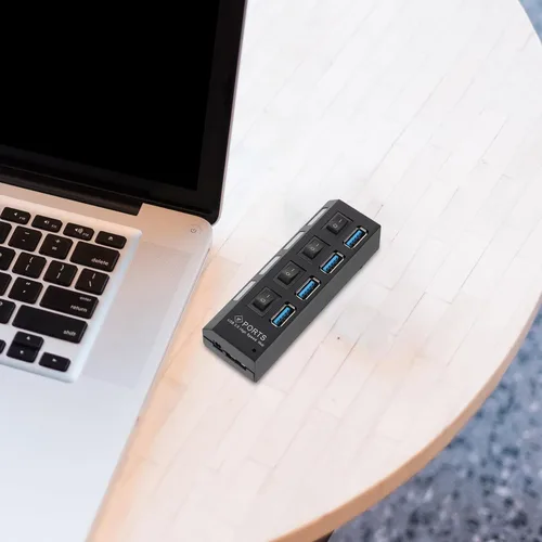 Vista 8 de VILLCASE USB 3.0 4-Port Hub with Independent Power Switches, High-Speed Data Transfer Concentrator for Laptops and Pcs, Black US Plug, USB Hub for