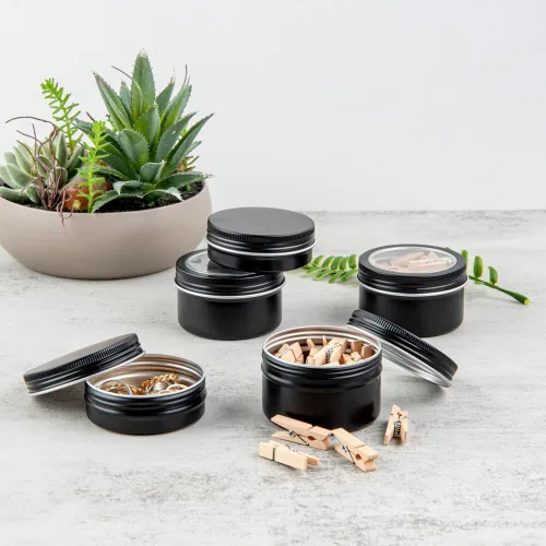 Vista 7 de Restaurantware -RW Base Cajas de almacenamiento de lata de 4 onzas, 100 cajas redondas de lata con tapas, tapas duraderas y transparentes