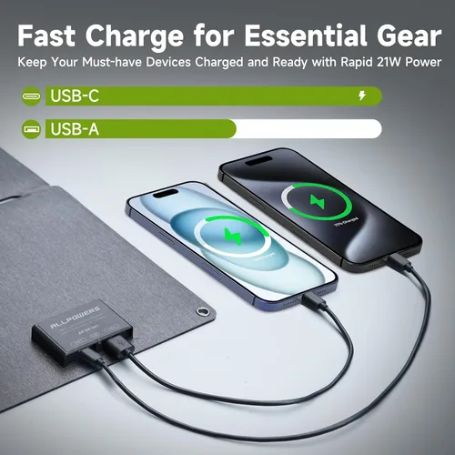 Vista 2 de ALLPOWERS Cargador de panel solar plegable de 21 W y 5 V, kit de carga solar SP001 con carga USB-A de 5 V y USB-C, panel solar portátil impermeable