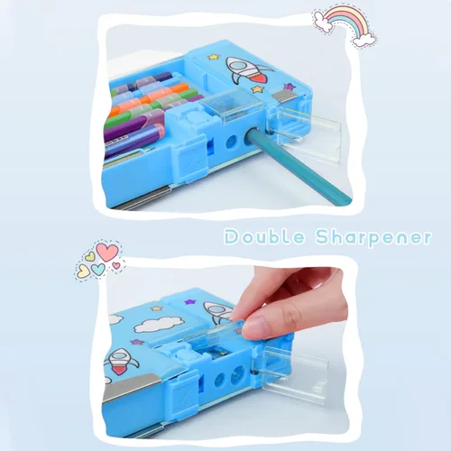Vista 2 de Paquete de 2: estuche multifunción desplegable para niñas y niños, lindo organizador de dibujos animados con sacapuntas, horario, el mejor regalo