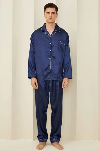 Vista 3 de FENTENG Men's Satin Pajamas Set Long Sleeve Silky Sleepwear Sets Button Down Shirt Top with Long Pants Soft 2 Pcs Lounge Set