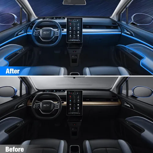Vista 4 de Tira de luces LED para automóvil, 5 en 1, luz interior del automóvil, kit de iluminación LED ambiental con RGB de 16 millones de colores y fibra