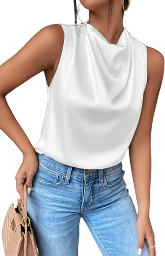 Vista 5 de Avanova Blusas de satén sin mangas para mujer, estilo casual, cuello drapeado y fruncido en la parte delantera
