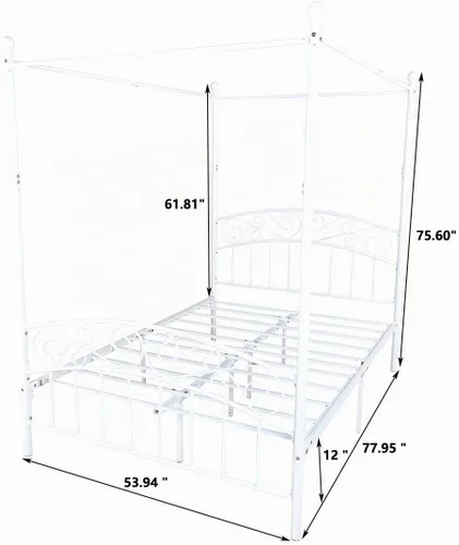 Vista 2 de Marco de cama con dosel de metal, con cuatro pósteres, matrimonial, color blanco