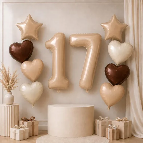 Vista 44 de Decoración de Globos Número 10 de 40 Pulgadas, Globos de Corazón Neutro de Papel de Aluminio Crema Retro Albaricoque Marrón con Globo de Helio