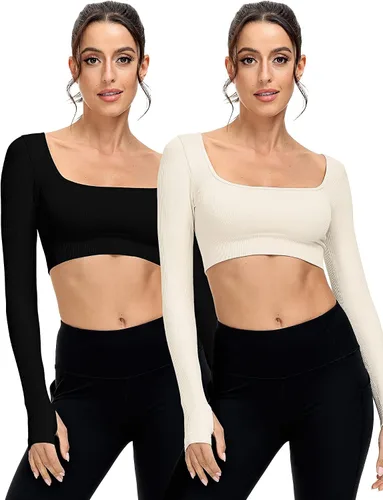 Vista 9 de Paquete de 3 camisetas cortas acanaladas sin costuras de manga larga con cuello cuadrado para mujer, para entrenamiento, gimnasio, yoga