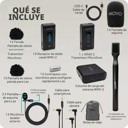 Vista 7 de Movo WMX-2 Micrófono de solapa inalámbrico Lavalier con estuche de carga y adaptador de mano WMX-HM - Micrófono Lav, micrófono de solapa de 2.4 GHz
