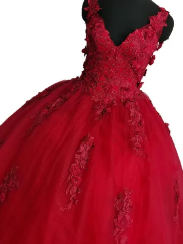 Vista 6 de Vestidos de quinceañera con cuello en V para mujer, vestido de baile de tul brillante 3D, apliques de flores dulces 15 16, vestidos de fiesta