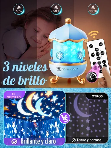 Vista 9 de Juguetes Frozen, luz nocturna de 15 músicas+16 películas+315 colores para niños, proyector de estrellas inalámbrico de 360°+control remoto