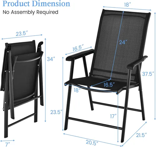 Vista 3 de Tangkula Juego de 2 sillas plegables para patio, sillas de comedor de tela para exteriores con respaldo alto y reposabrazos, marco de metal Negro