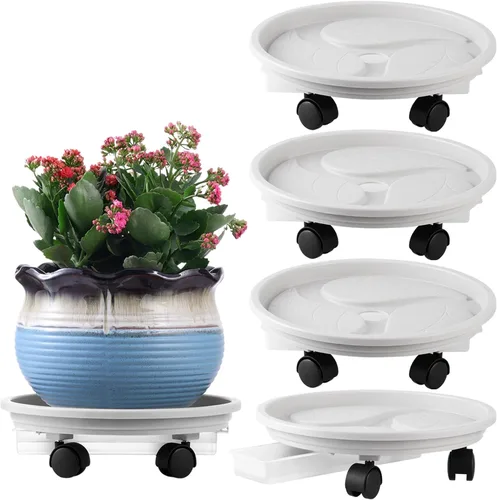 Vista 7 de Paquete de 4 soportes rodantes para plantas de 13 pulgadas con ruedas, bandeja de drenaje y ruedas, plataforma de plástico resistente para mover