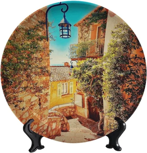 Vista 87 de Plato decorativo colgante de cerámica con temática de paisaje, plato decorativo redondo de plantas en maceta, con soporte decorativo, para sala
