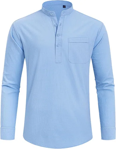 Vista 4 de J.VER Camisas Henley de algodón y lino para hombre, estilo casual, de manga larga, con botones, para la playa, con bolsillo