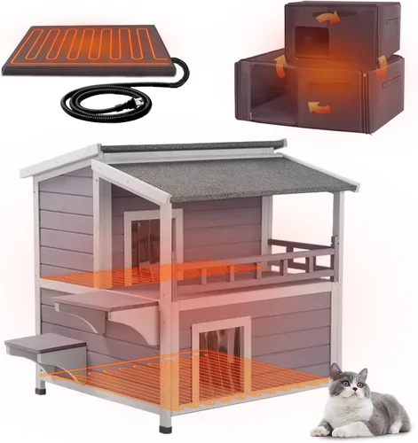 Vista 16 de GUTINNEEN Casa grande para gatos con calefacción para exteriores con forro aislante, refugio para gatos resistente a la intemperie con almohadilla