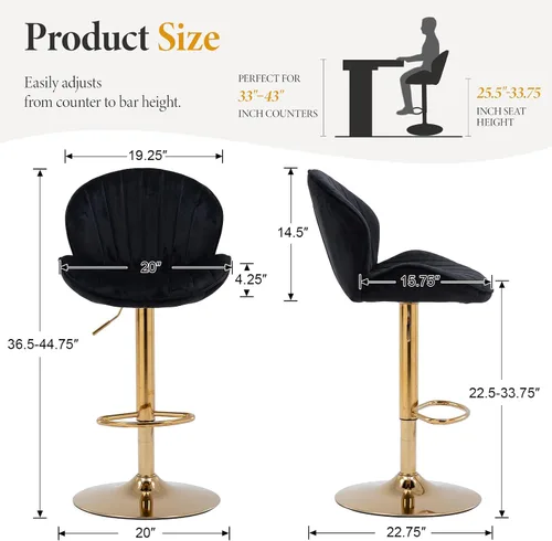 Vista 2 de Juego de 2 taburetes de bar negros y dorados de altura ajustable, taburetes de bar giratorios modernos con forma de concha, taburetes de cocina