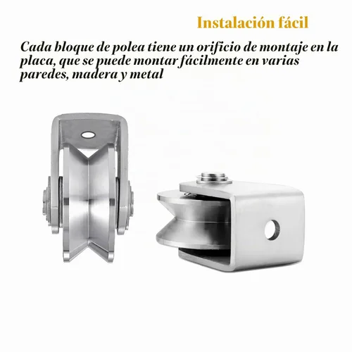 Vista 6 de 2 piezas de rueda de ranura en V de acero inoxidable resistente con polea de cable, bloque de polea para puerta corredera, rodillos con doble