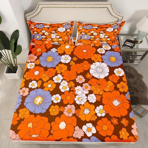 Vista 27 de Juego de ropa de cama con diseño floral bohemio, tamaño individual, diseño retro de flores groovy, 60S y 70S, diseño de flores hippie para niños