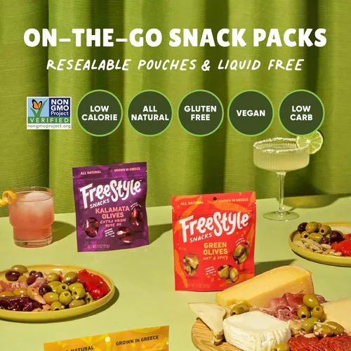 Vista 5 de Freestyle Snacks, Paquetes de aperitivos de oliva, como se ve en Shark Tank, aceitunas kalamata frescas sin hueso, marinadas en aceite de oliva