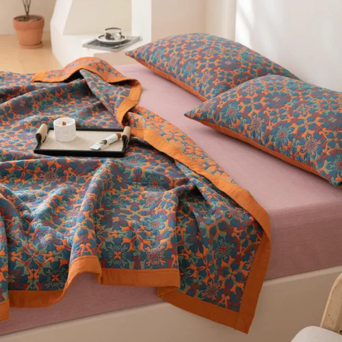 Vista 3 de Manta de 100% Algodón Muslin Jacquard con Estampado Floral Bohemio Mandala, Manta Suave para Cama 3 Capas Reversible Cubrecama Transpirable y Ligera