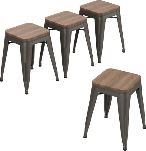 Vista 9 de HAOBO Home Taburete de metal industrial moderno con asiento de madera [Juego de 4] Silla de comedor apilable de 18 pulgadas, taburetes cortos Sin