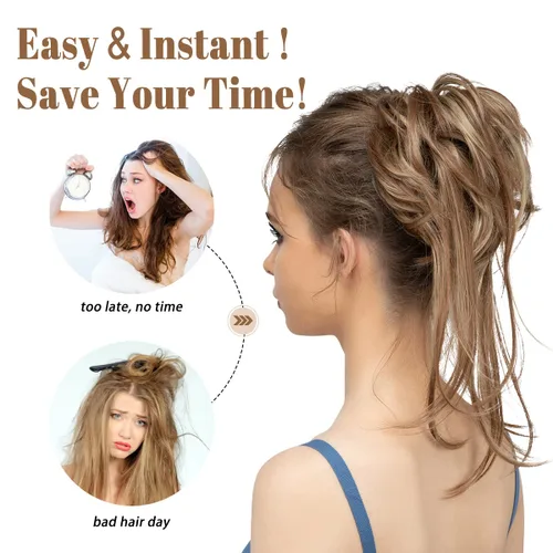Vista 5 de Extensiones de cabello rizado con cola de caballo, cabello sintético con coleta recta, coleteros para mujer, rubio ceniza/rubio playa