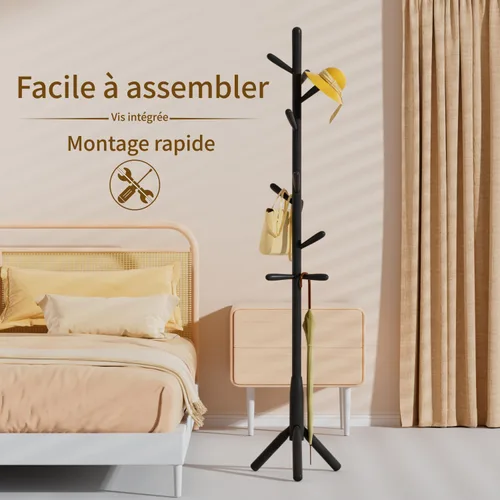 Vista 4 de Perchero de madera maciza, perchero independiente en forma de árbol con 11 ganchos, poste principal de 1.6 pulgadas de diámetro para ropa, soporte