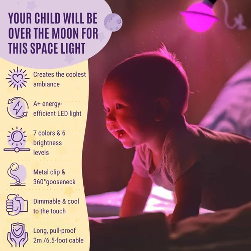 Vista 4 de Saturn - Lámpara de noche con clip para habitación de niños, luz LED regulable con clip con cabeza desmontable, luz nocturna para recién nacidos
