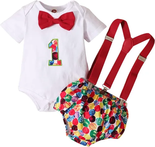 Vista 13 de IDOPIP Traje formal para bebé niño para el primer cumpleaños de Cake Smash con corbatín y tirantes y pantalones cortos para sesión de fotos