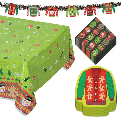 Vista 22 de HOME & HOOPLA Platos y servilletas de papel grandes para fiesta de Navidad, diseño calmado y brillante en verde y dorado moderno (para 16 personas)