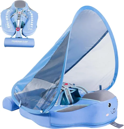 Vista 8 de Mambobaby Flotador de piscina para bebé con toldo extraíble – Flotador de natación infantil no inflable con diseño de cola antideslizante