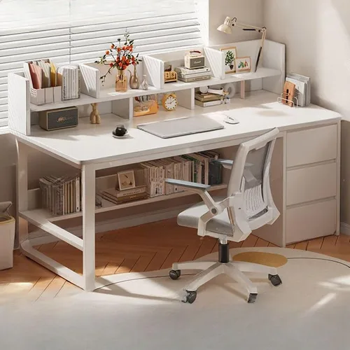 Vista 7 de Escritorio moderno con 3 cajones, mesa de estudio de computadora con gabinete para oficina en casa, estación de trabajo para espacios pequeños Gris