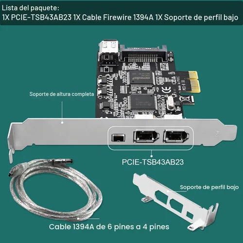 Vista 7 de Tarjeta PCIE 1394A Firewire 400 de 4 puertos para Windows OS y PC MAC OS, TI TSB43AB23, 3 x 6 pines y 1 interfaz 1394A de 4 pines, con cables de 4