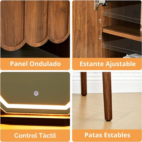 Vista 6 de ORRD Escritorio de tocador con espejo y luces, moderno panel de madera ondulada, juego de escritorio de maquillaje con cajones y gabinete, tocador
