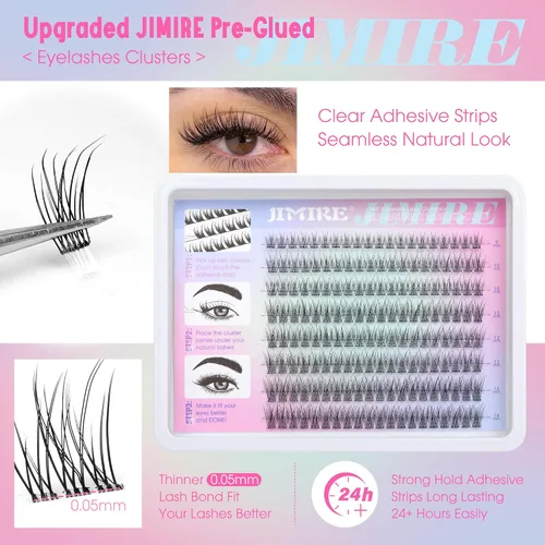 Vista 3 de JIMIRE 160 piezas de pestañas autoadhesivas de aspecto natural, 9-14 mm, racimos de pestañas pre-pegadas, sin necesidad de pegamento, pestañas