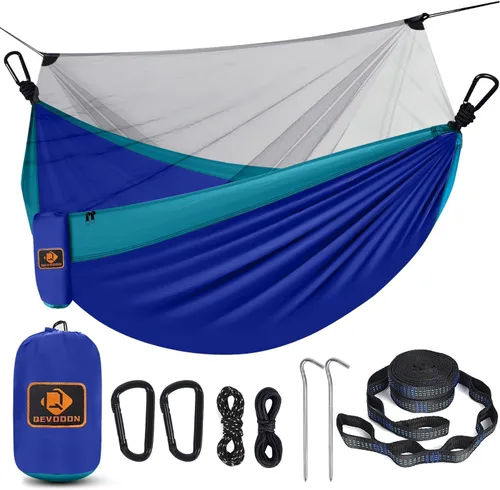 Vista 14 de Qevooon Hamaca de camping con red, hamacas ligeras portátiles de viaje con correas para árboles y mosquetones sólidos en forma de D, hamaca de Negro