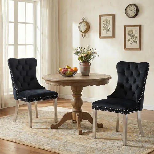 Vista 144 de SoarFlash Juego de 2 sillas de comedor de terciopelo, silla lateral de respaldo alto, silla lateral moderna tapizada de alta gama con botones Beige